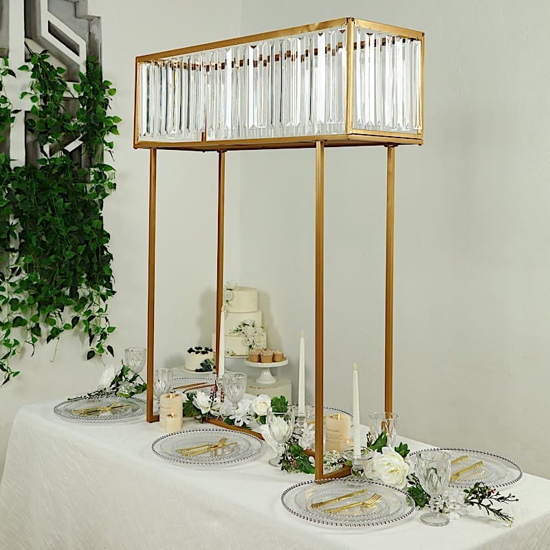 48" Rectangular Metal Chandelier Floral Stand with Crystal Pendant - Gold and Clear CHDLR_070T_48_GOLD