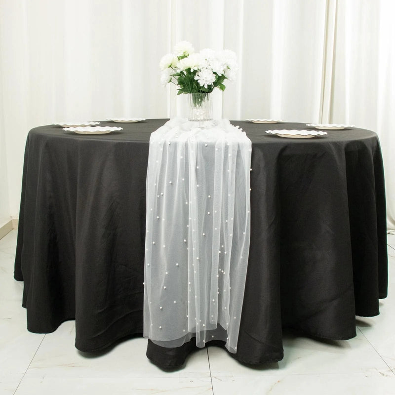 48" x 120" Pearl Embellished Sheer Tulle Table Runner - White RUN_TUL01_48_WHT