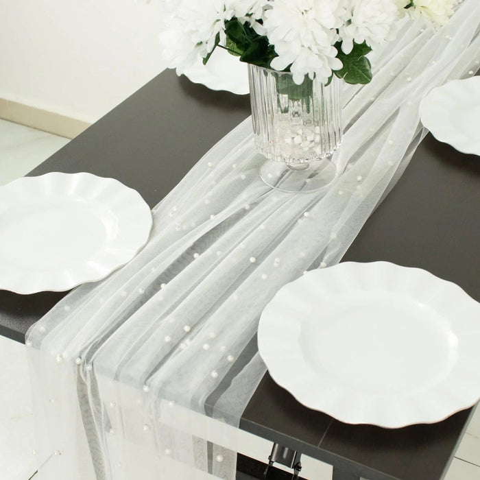 48" x 120" Pearl Embellished Sheer Tulle Table Runner - White RUN_TUL01_48_WHT