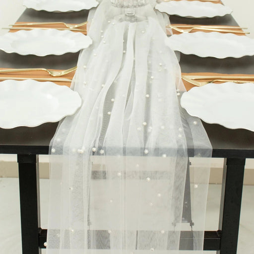 48" x 120" Pearl Embellished Sheer Tulle Table Runner - White RUN_TUL01_48_WHT