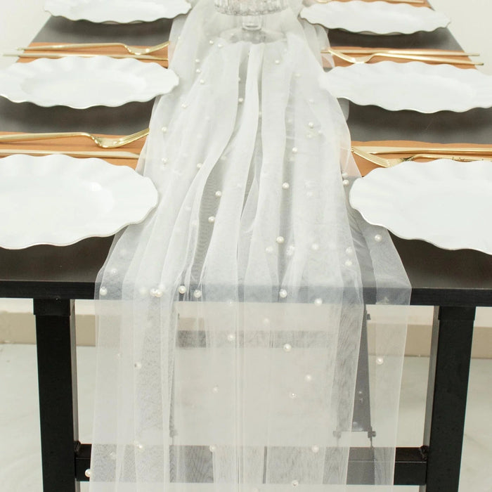 Tulle and Pearl Runners, Pearl and Tulle Table Decor, Table Runners, Pearl  Table Runner , Pearl Tulle 