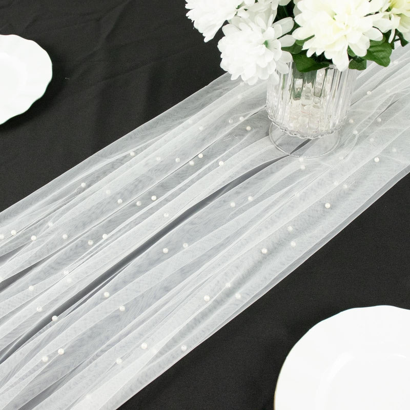 48" x 120" Pearl Embellished Sheer Tulle Table Runner - White RUN_TUL01_48_WHT
