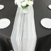 48" x 120" Pearl Embellished Sheer Tulle Table Runner - White RUN_TUL01_48_WHT