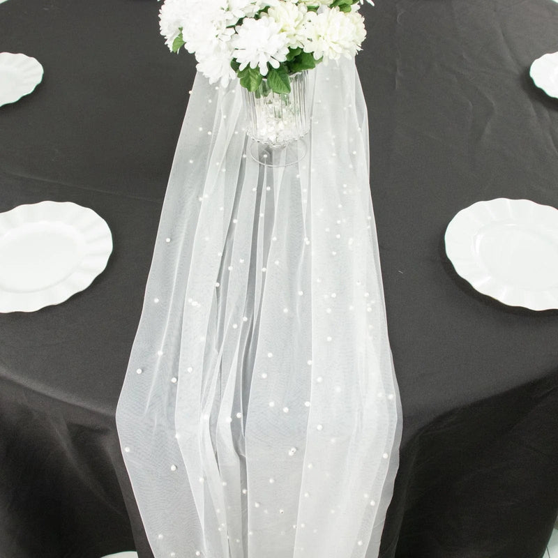 48" x 120" Pearl Embellished Sheer Tulle Table Runner - White RUN_TUL01_48_WHT