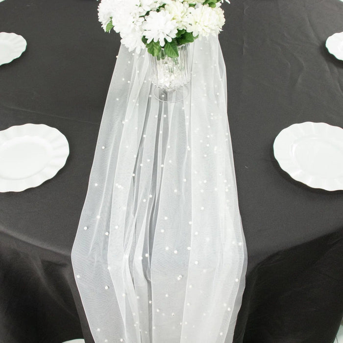 White 48X120 in Sheer Tulle Table Runner with Faux Pearls Party Linens