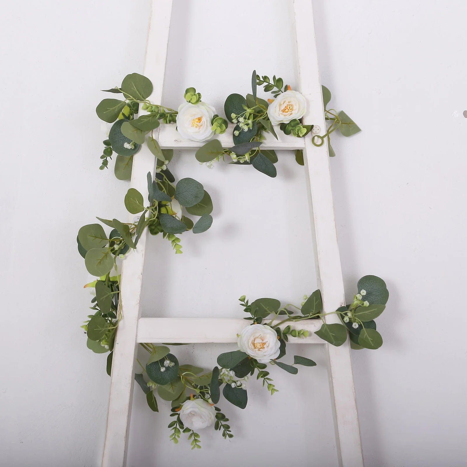 5.5 ft Artificial Eucalyptus Leaf Table Garland with 7 Rose Flower Heads - White and Green ARTI_GLND_GRN022