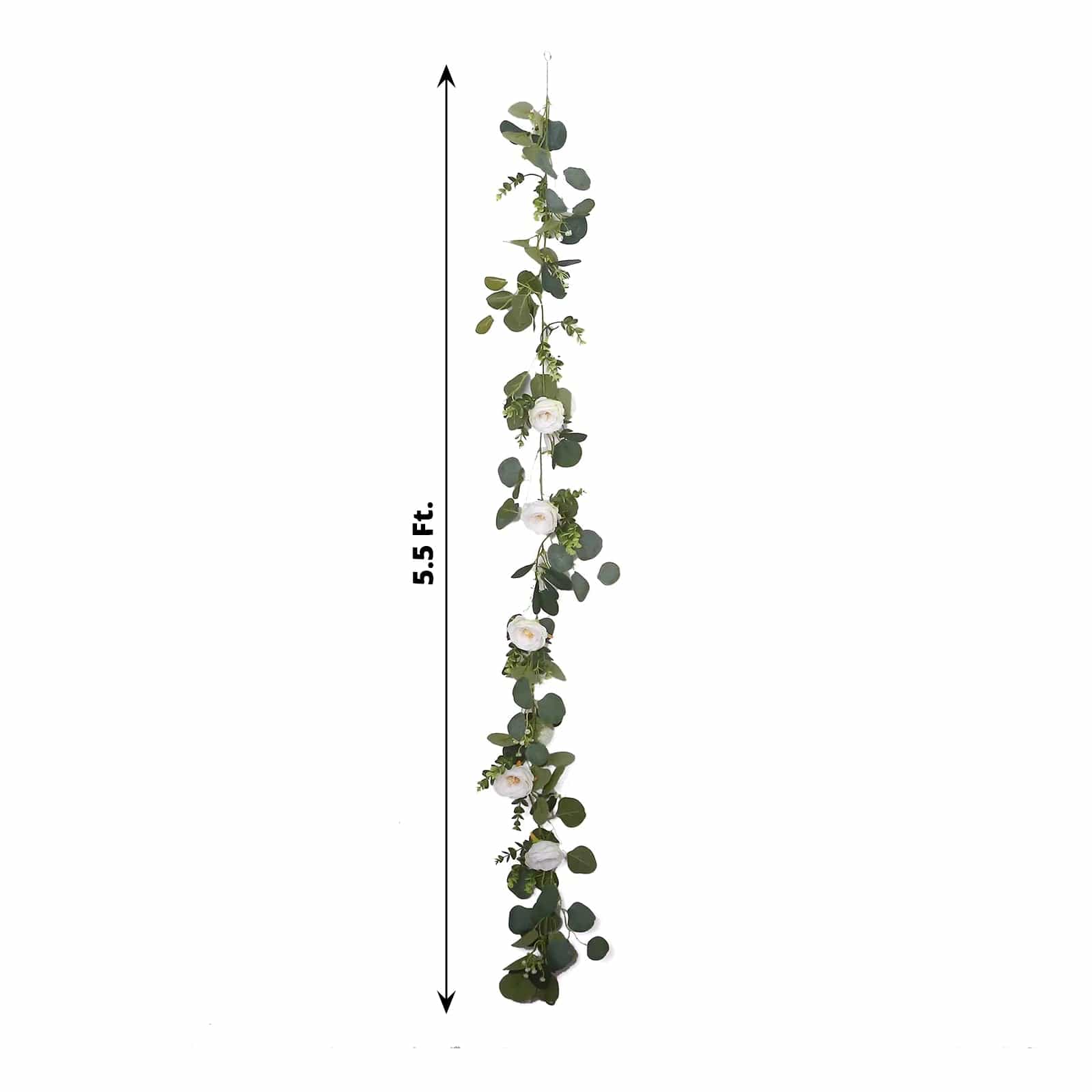 5.5 ft Artificial Eucalyptus Leaf Table Garland with 7 Rose Flower Heads - White and Green ARTI_GLND_GRN022