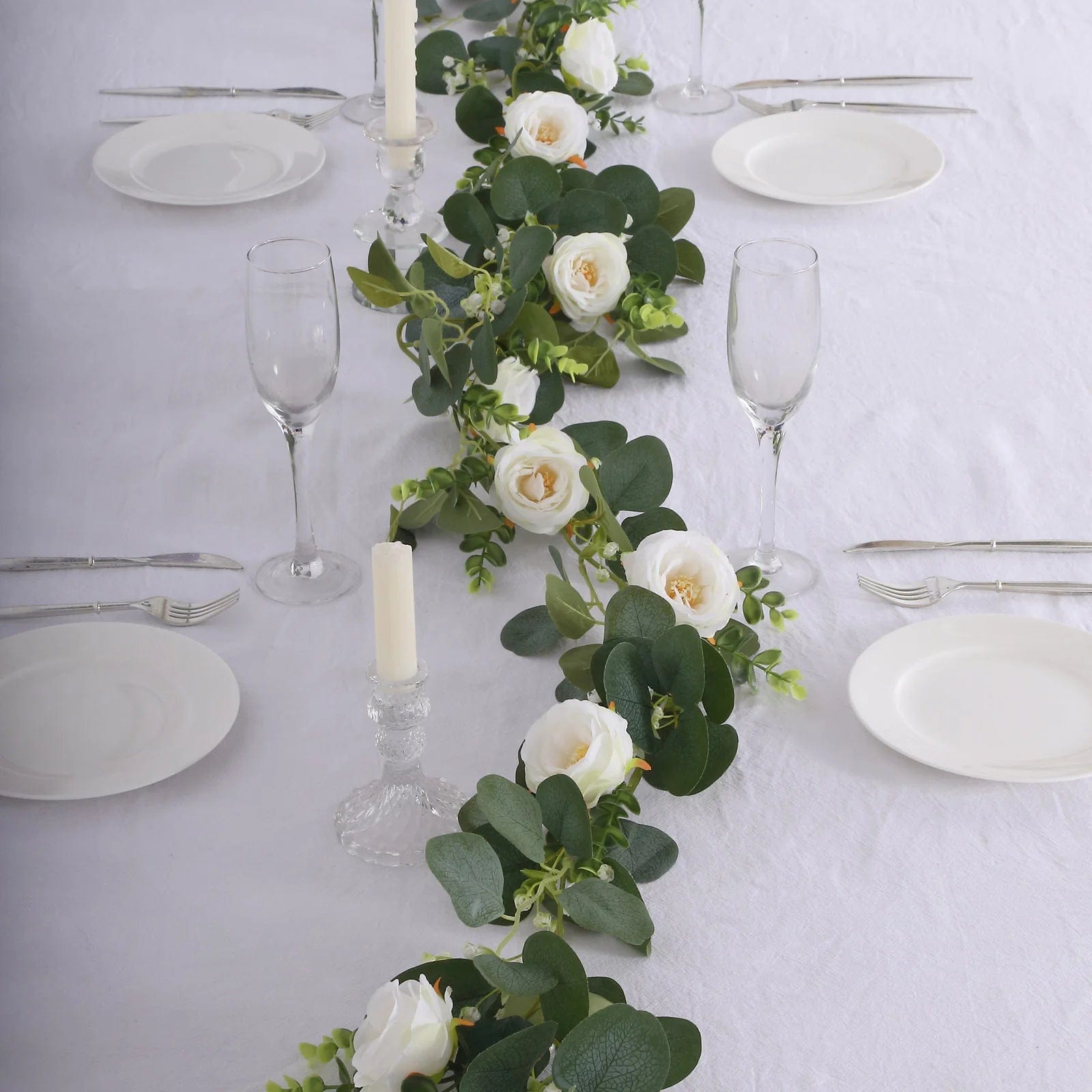 5.5 ft Artificial Eucalyptus Leaf Table Garland with 7 Rose Flower Heads - White and Green ARTI_GLND_GRN022