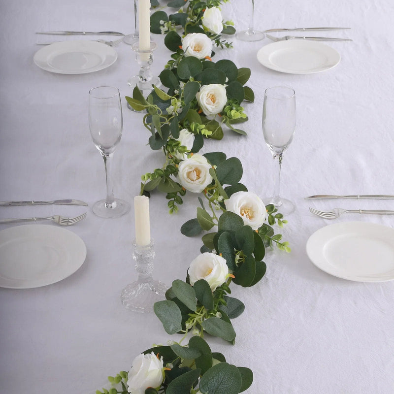 5.5 ft Artificial Eucalyptus Leaf Table Garland with 7 Rose Flower Heads - White and Green ARTI_GLND_GRN022