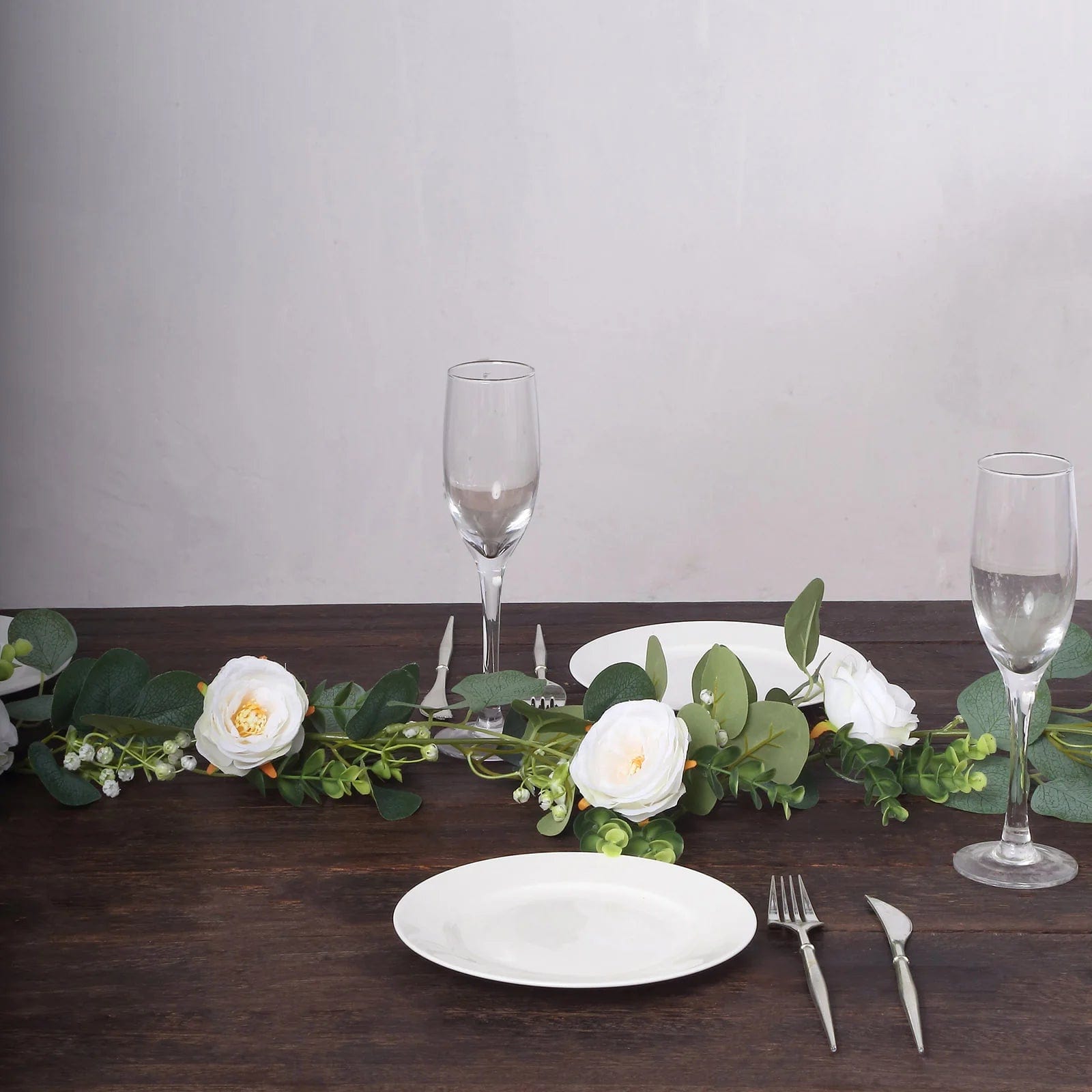 5.5 ft Artificial Eucalyptus Leaf Table Garland with 7 Rose Flower Heads - White and Green ARTI_GLND_GRN022