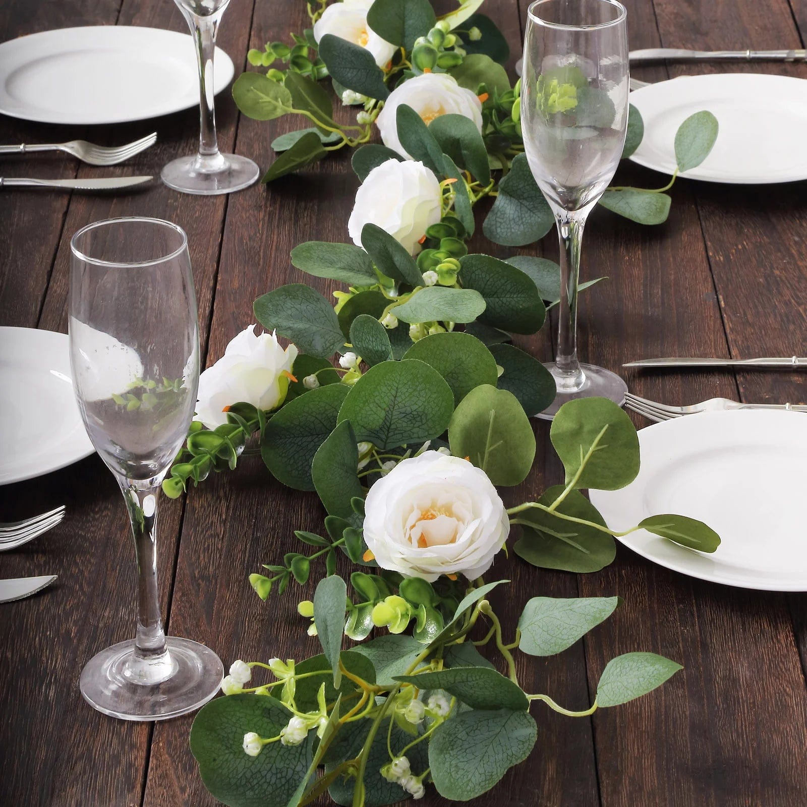 5.5 ft Artificial Eucalyptus Leaf Table Garland with 7 Rose Flower Heads - White and Green ARTI_GLND_GRN022