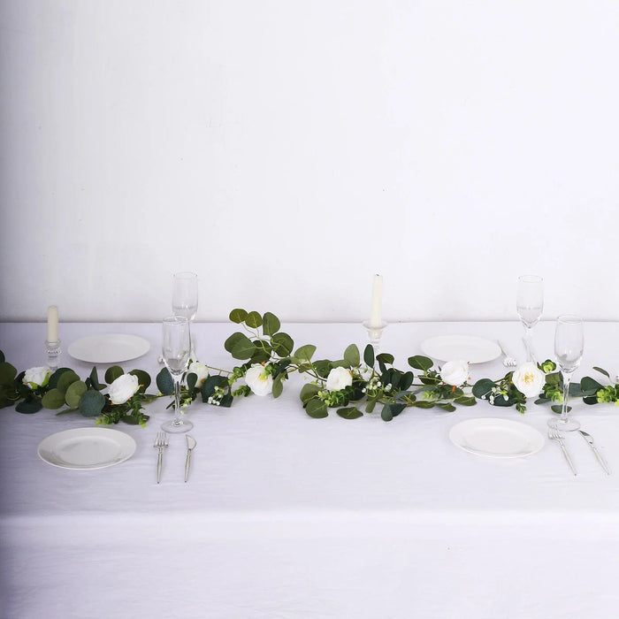 5.5 ft Artificial Eucalyptus Leaf Table Garland with 7 Rose Flower Heads - White and Green ARTI_GLND_GRN022