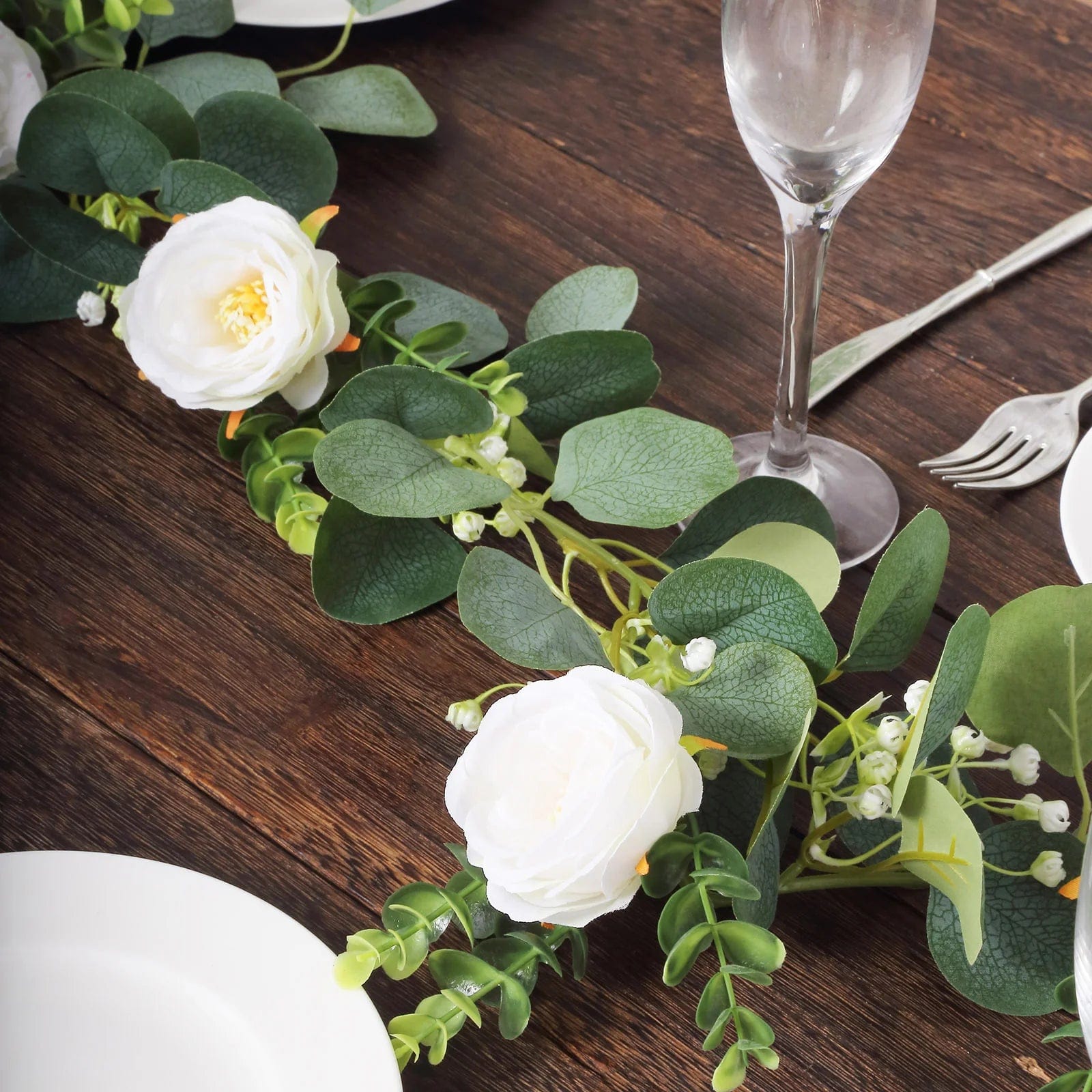 5.5 ft Artificial Eucalyptus Leaf Table Garland with 7 Rose Flower Heads - White and Green ARTI_GLND_GRN022