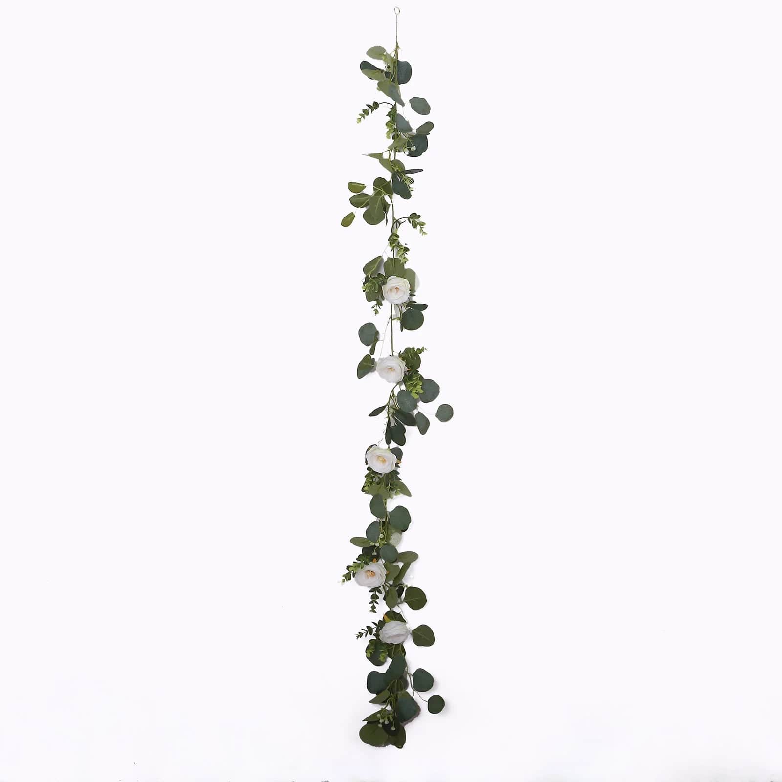 5.5 ft Artificial Eucalyptus Leaf Table Garland with 7 Rose Flower Heads - White and Green ARTI_GLND_GRN022