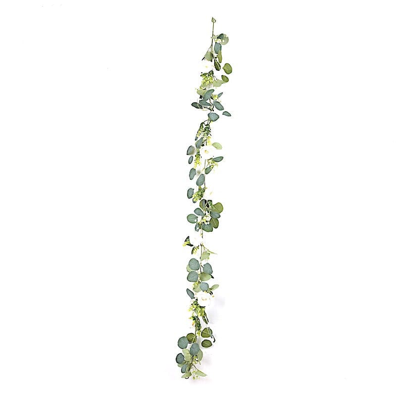 5.5 ft LED Peony Garland with Artificial Eucalyptus Battery Operated Fairy Lights - White and Green LEDSTR_ARTI_GLND_GRN022