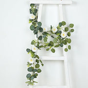 5.5 ft LED Peony Garland with Artificial Eucalyptus Battery Operated Fairy Lights - White and Green LEDSTR_ARTI_GLND_GRN022