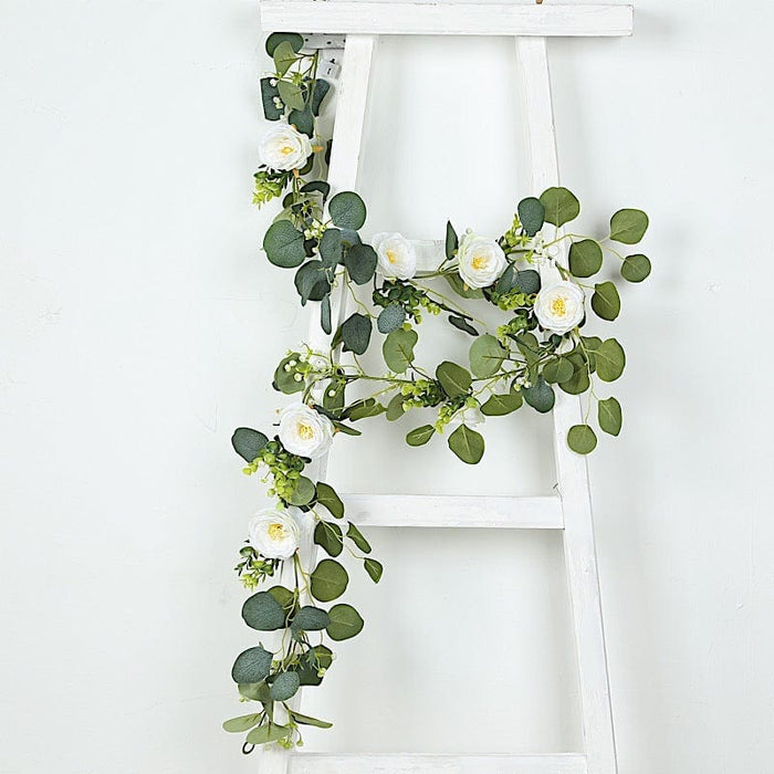 5.5 ft LED Peony Garland with Artificial Eucalyptus Battery Operated Fairy Lights - White and Green LEDSTR_ARTI_GLND_GRN022