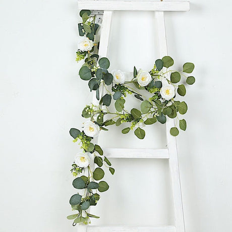 5.5 ft LED Peony Garland with Artificial Eucalyptus Battery Operated Fairy Lights - White and Green LEDSTR_ARTI_GLND_GRN022