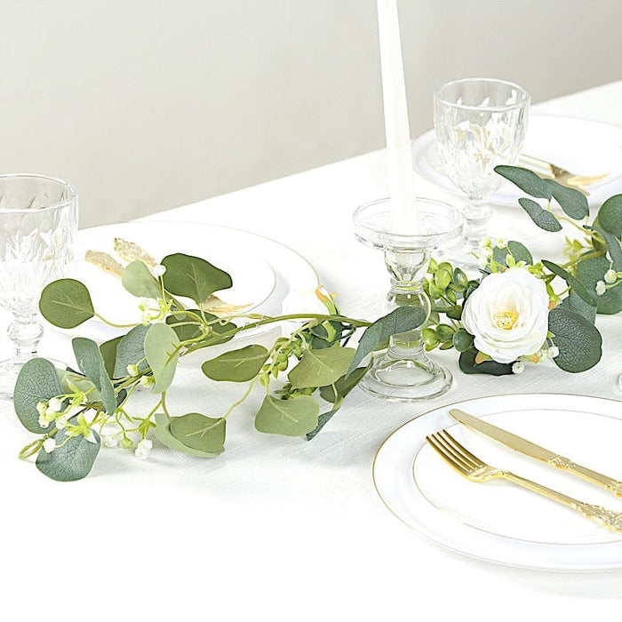 5.5 ft LED Peony Garland with Artificial Eucalyptus Battery Operated Fairy Lights - White and Green LEDSTR_ARTI_GLND_GRN022