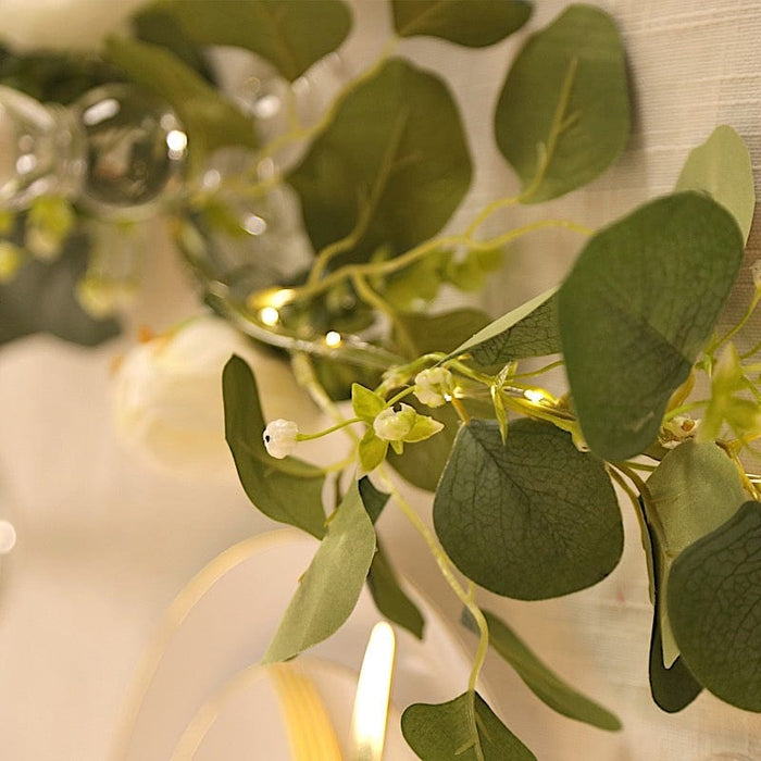 5.5 ft LED Peony Garland with Artificial Eucalyptus Battery Operated Fairy Lights - White and Green LEDSTR_ARTI_GLND_GRN022