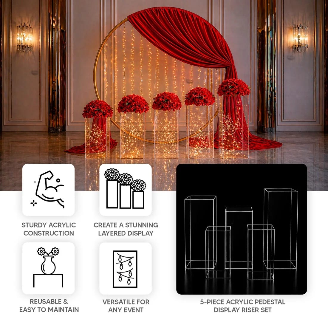 5 Acrylic Rectangular Display Stands Pre-Assembled Pedestal Riser - Clear PROP_BOX_001_SET_ACRY_CLR