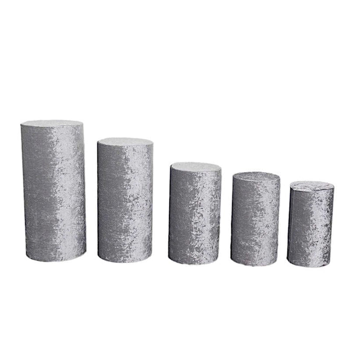 5 Crushed Velvet Cylinder Plinth Display Box Stand Covers PROP_BOX_006_VEL01_SILV