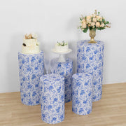 5 Fitted Spandex Cylinder Display Stand Covers with Chinoiserie Floral Print - White and Blue PROP_BOX_006_SPX_FLOR_BLUE