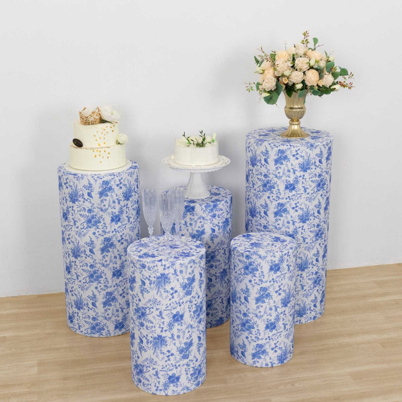 5 Fitted Spandex Cylinder Display Stand Covers with Chinoiserie Floral Print - White and Blue PROP_BOX_006_SPX_FLOR_BLUE