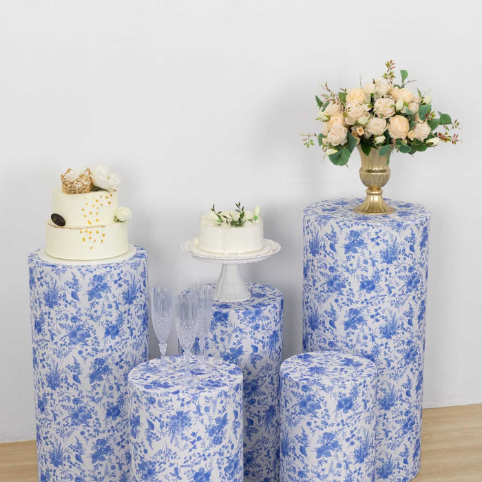 5 Fitted Spandex Cylinder Display Stand Covers with Chinoiserie Floral Print - White and Blue PROP_BOX_006_SPX_FLOR_BLUE