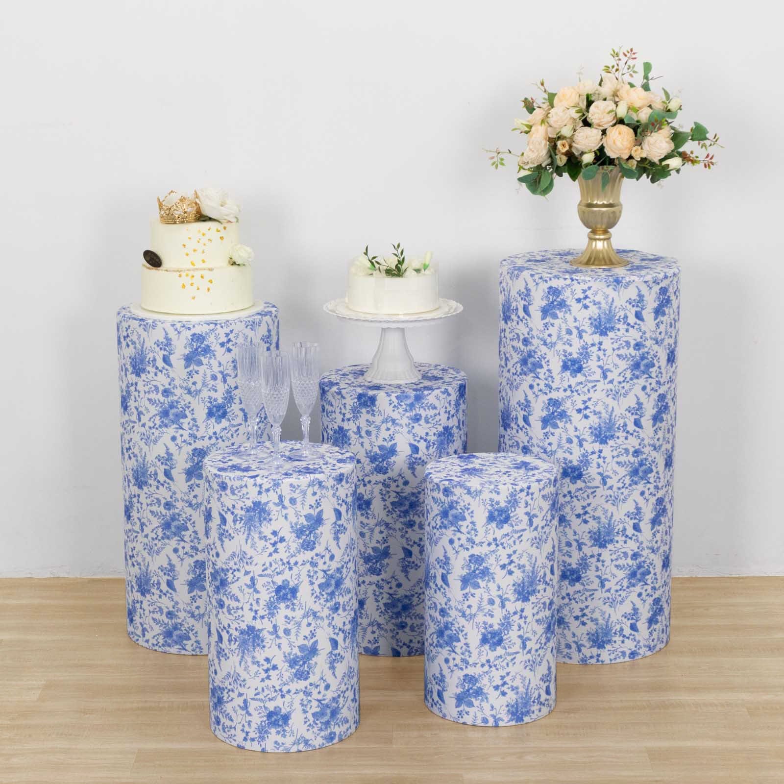 5 Fitted Spandex Cylinder Display Stand Covers with Chinoiserie Floral Print - White and Blue PROP_BOX_006_SPX_FLOR_BLUE