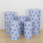 5 Fitted Spandex Cylinder Display Stand Covers with Chinoiserie Floral Print - White and Blue PROP_BOX_006_SPX_FLOR_BLUE
