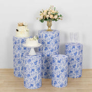 5 Fitted Spandex Cylinder Display Stand Covers with Chinoiserie Floral Print - White and Blue PROP_BOX_006_SPX_FLOR_BLUE