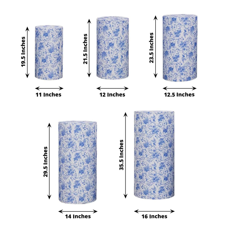 5 Fitted Spandex Cylinder Display Stand Covers with Chinoiserie Floral Print - White and Blue PROP_BOX_006_SPX_FLOR_BLUE
