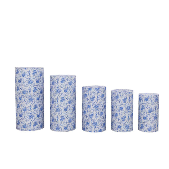 5 Fitted Spandex Cylinder Display Stand Covers with Chinoiserie Floral Print - White and Blue PROP_BOX_006_SPX_FLOR_BLUE