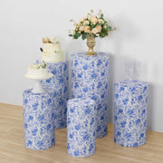 5 Fitted Spandex Cylinder Display Stand Covers with Chinoiserie Floral Print - White and Blue PROP_BOX_006_SPX_FLOR_BLUE