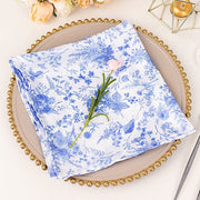 5 Floral 20" x 20" Satin Fabric Dinner Table Napkins - White with Blue NAP_STN_FLOR_BLUE