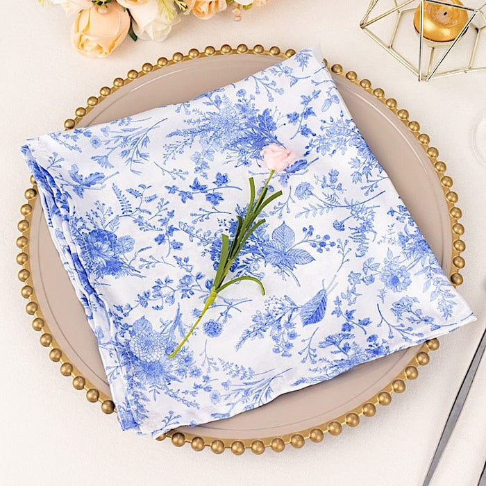 5 Floral 20" x 20" Satin Fabric Dinner Table Napkins - White with Blue NAP_STN_FLOR_BLUE