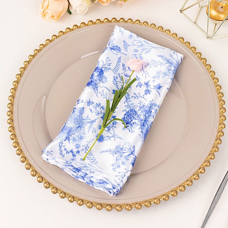 5 Floral 20" x 20" Satin Fabric Dinner Table Napkins - White with Blue NAP_STN_FLOR_BLUE