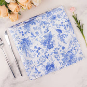 5 Floral 20" x 20" Satin Fabric Dinner Table Napkins - White with Blue NAP_STN_FLOR_BLUE