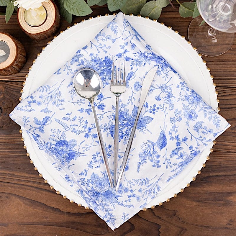 5 Floral 20" x 20" Satin Fabric Dinner Table Napkins - White with Blue NAP_STN_FLOR_BLUE