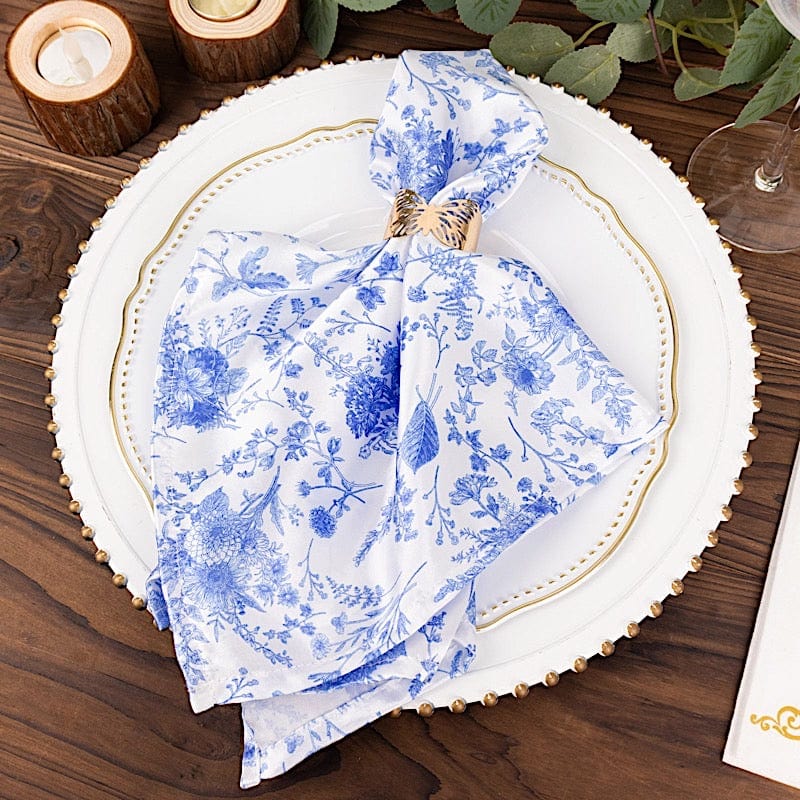 5 Floral 20" x 20" Satin Fabric Dinner Table Napkins - White with Blue NAP_STN_FLOR_BLUE