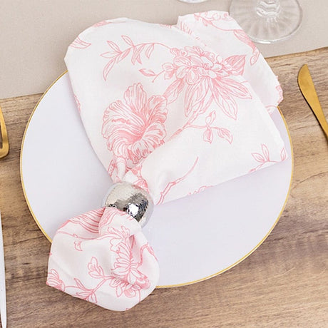 5 Floral Polyester Napkins 20x20 with French Toile Pattern - White