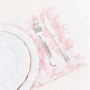 5 Floral Polyester Napkins 20x20 with French Toile Pattern - White