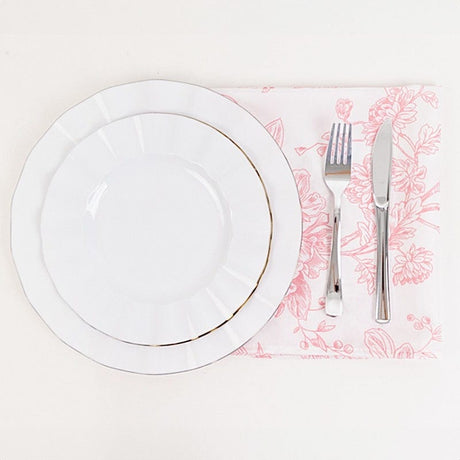5 Floral Polyester Napkins 20x20 with French Toile Pattern - White