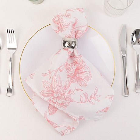 5 Floral Polyester Napkins 20x20 with French Toile Pattern - White