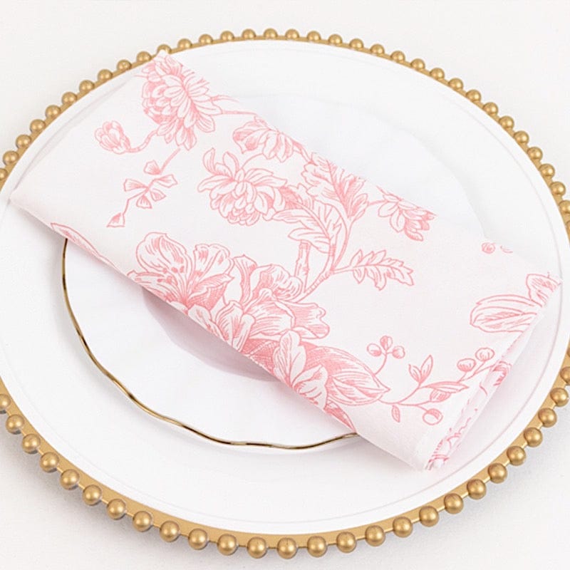 5 Floral Polyester Napkins 20x20 with French Toile Pattern - White