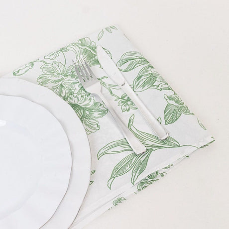 5 Floral Polyester Napkins 20x20 with French Toile Pattern - White