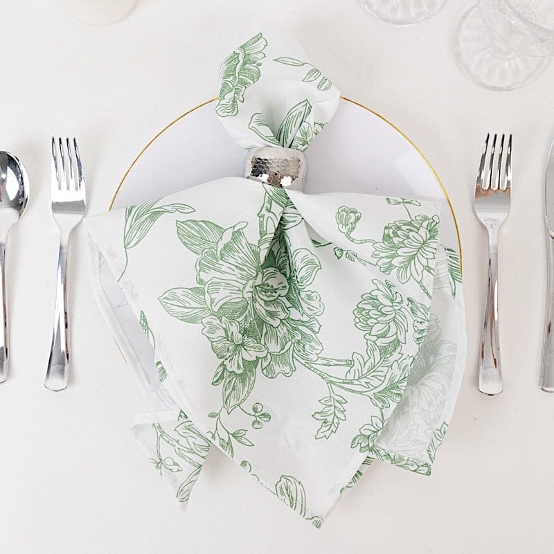 5 Floral Polyester Napkins 20x20 with French Toile Pattern - White