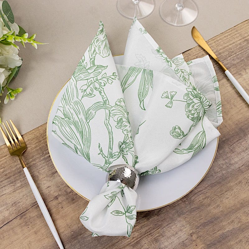 5 Floral Polyester Napkins 20x20 with French Toile Pattern - White