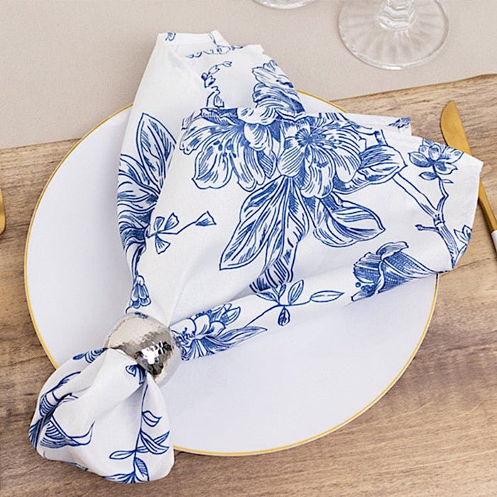 5 Floral Polyester Napkins 20x20 with French Toile Pattern - White